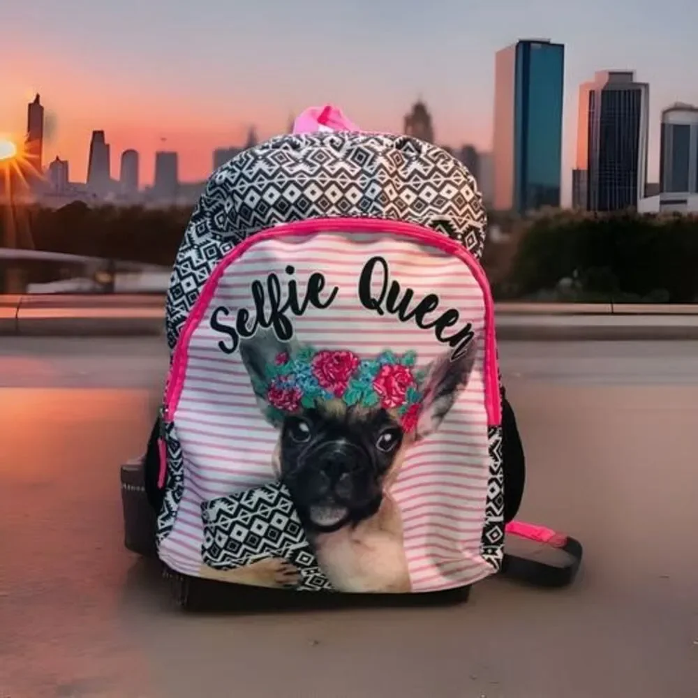 Selfie Queen -Queen Pug pink striped Backpack School Bag Book Bag